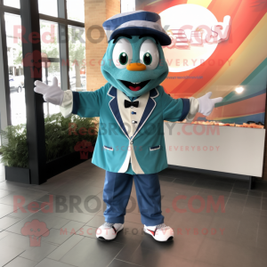 Teal Pizza mascot costume character dressed with a Bomber Jacket and Bow ties