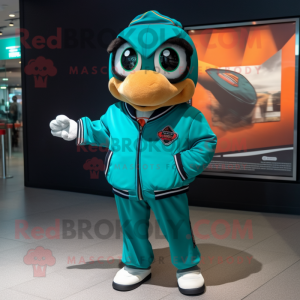 Teal Pizza mascot costume character dressed with a Bomber Jacket and Bow ties