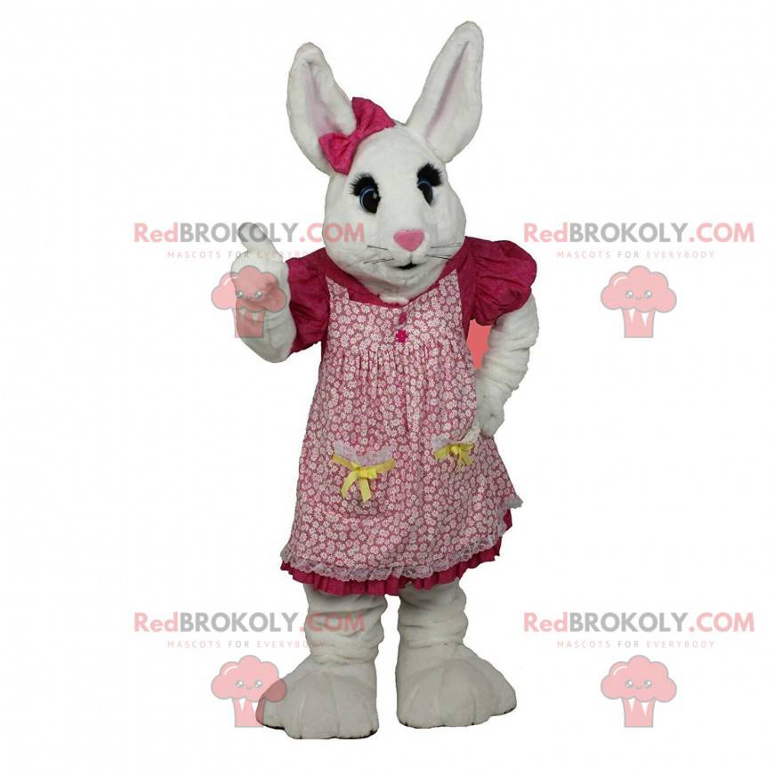 White rabbit mascot with a pink dress, rabbit costume -