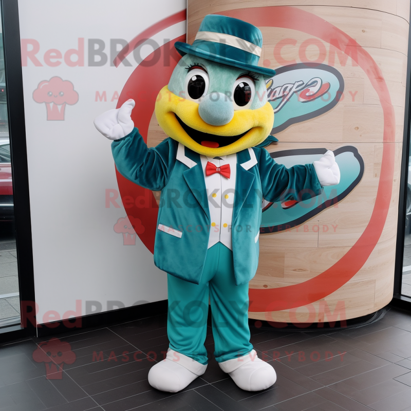 Teal Pizza mascot costume character dressed with a Bomber Jacket and Bow ties