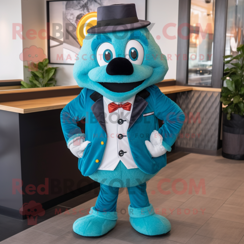 Teal Pizza mascot costume character dressed with a Bomber Jacket and Bow ties Teal Pizza mascot costume character dressed with a Bomber Jacket and Bow ties