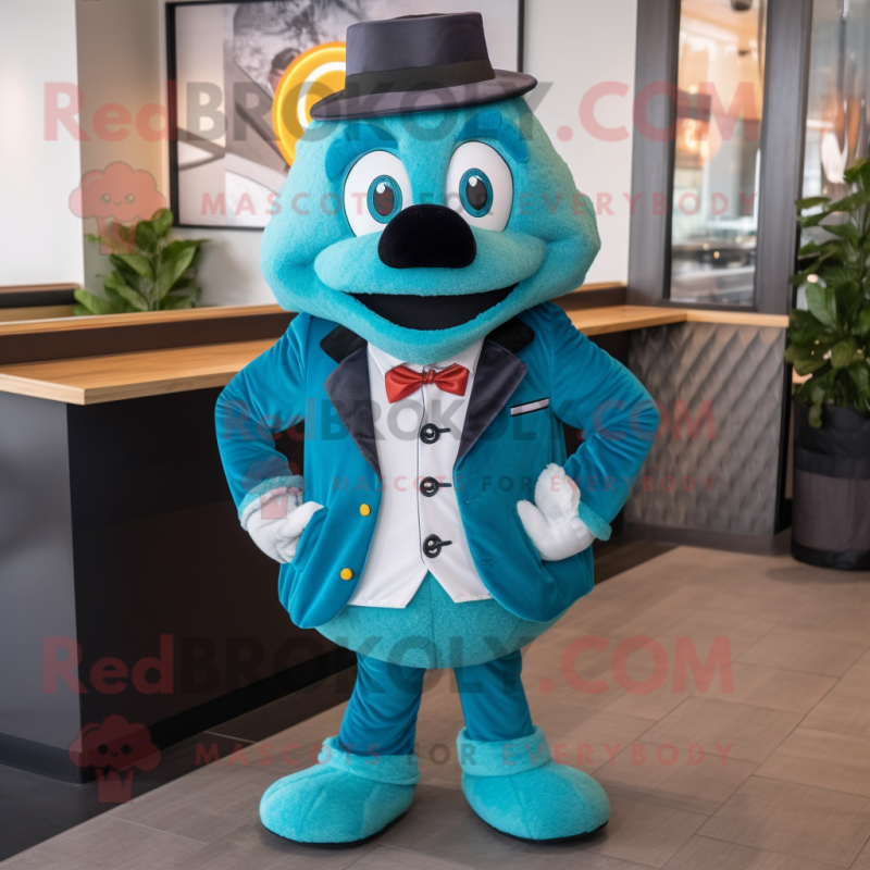 Teal Pizza mascot costume character dressed with a Bomber Jacket and Bow ties