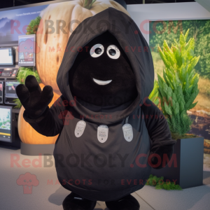 Black Potato mascot costume character dressed with a Hoodie and Suspenders