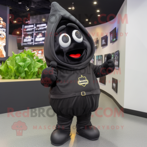 Black Potato mascot costume character dressed with a Hoodie and Suspenders