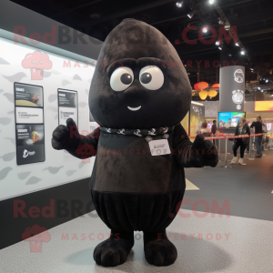 Black Potato mascot costume character dressed with a Hoodie and Suspenders