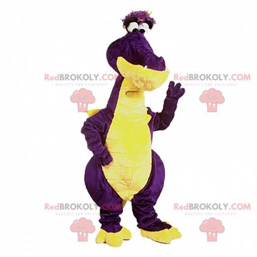Mascotte de dragon violet et jaune, costume de dragon coloré -
