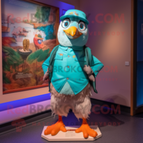 Turquoise Passenger Pigeon mascot costume character dressed with a Bermuda Shorts and Headbands