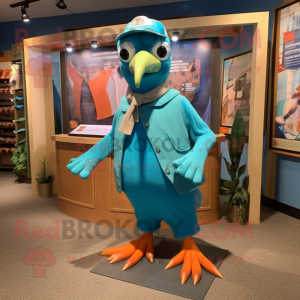 Turquoise Passenger Pigeon mascot costume character dressed with a Bermuda Shorts and Headbands