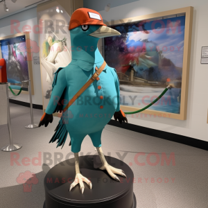 Turquoise Passenger Pigeon mascot costume character dressed with a Bermuda Shorts and Headbands