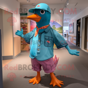 Turquoise Passenger Pigeon mascot costume character dressed with a Bermuda Shorts and Headbands