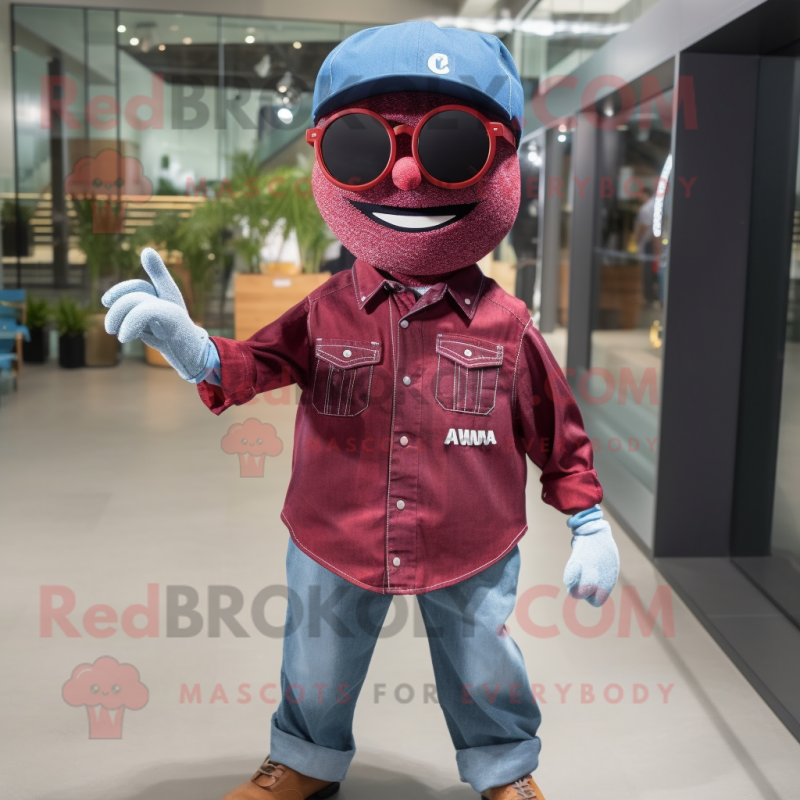 Maroon Alliance mascot costume character dressed with a Denim Shirt and Eyeglasses Maroon Alliance mascot costume character dressed with a Denim Shirt and Eyeglasses