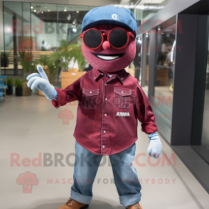 Maroon Alliance mascot costume character dressed with a Denim Shirt and Eyeglasses