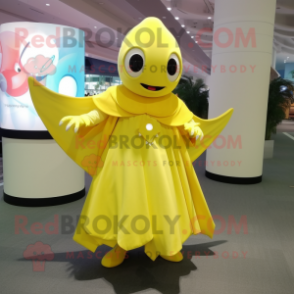 Lemon Yellow Stingray mascot costume character dressed with a Wrap Skirt and Bracelet watches