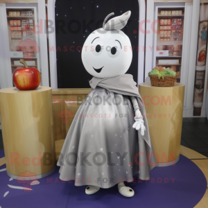 Silver Apple mascot costume character dressed with a Maxi Skirt and Scarves