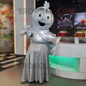 Silver Apple mascot costume character dressed with a Maxi Skirt and Scarves