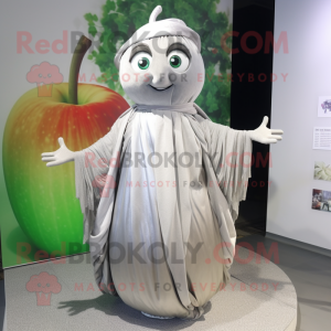 Silver Apple mascot costume character dressed with a Maxi Skirt and Scarves