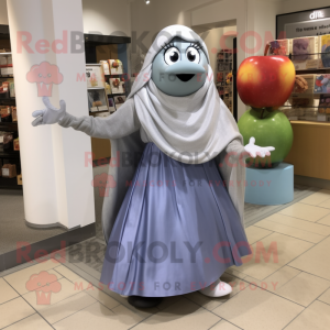 Silver Apple mascot costume character dressed with a Maxi Skirt and Scarves