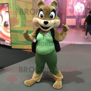 Olive Chipmunk mascot costume character dressed with a Yoga Pants and Coin purses
