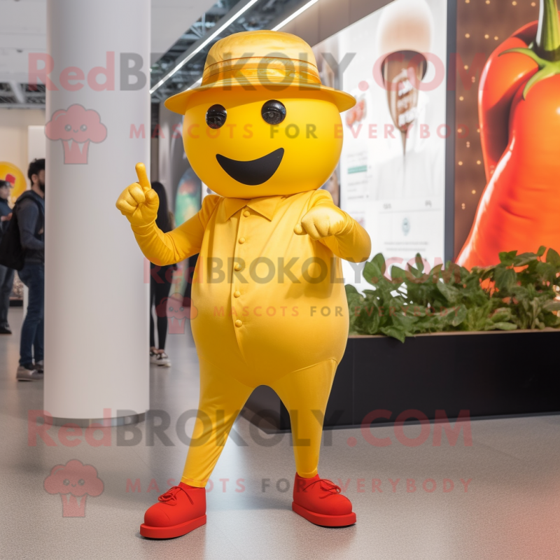 Gold Pepper mascot costume character dressed with a Skinny Jeans and Berets Gold Pepper mascot costume character dressed with a Skinny Jeans and Berets