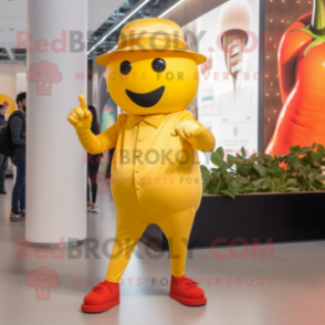 Gold Pepper mascot costume character dressed with a Skinny Jeans and Berets