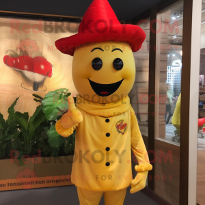 Gold Pepper mascot costume character dressed with a Skinny Jeans and Berets