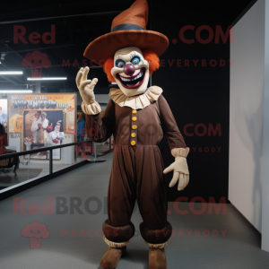 Brown Evil Clown mascot costume character dressed with a Skinny Jeans and Hats