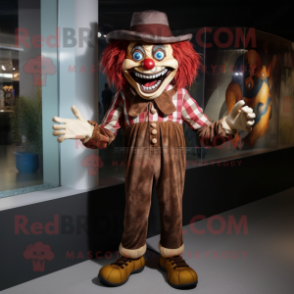 Brown Evil Clown mascot costume character dressed with a Skinny Jeans and Hats