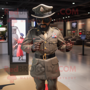 Black Soldier mascot costume character dressed with a Blazer and Hat pins