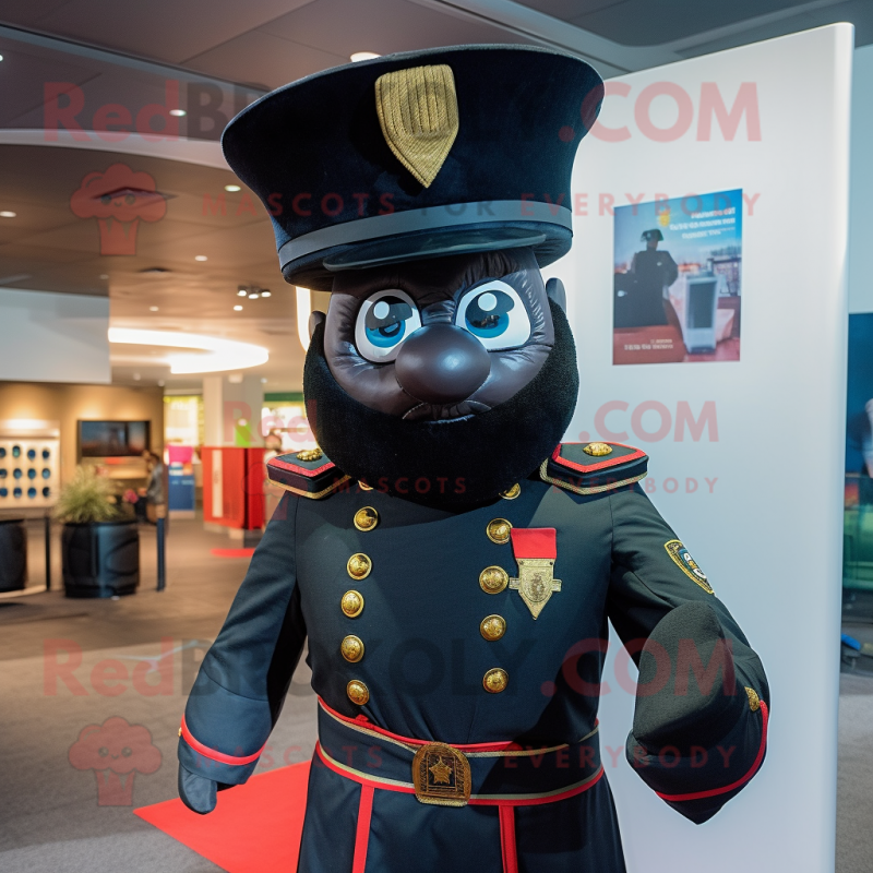 Black Soldier mascot costume character dressed with a Blazer and Hat pins