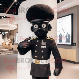 Black Soldier mascot costume character dressed with a Blazer and Hat pins