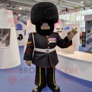 Black Soldier mascot costume character dressed with a Blazer and Hat pins