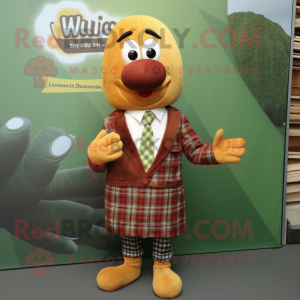 Olive Currywurst mascot costume character dressed with a Flannel Shirt and Tie pins