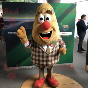 Olive Currywurst mascot costume character dressed with a Flannel Shirt and Tie pins