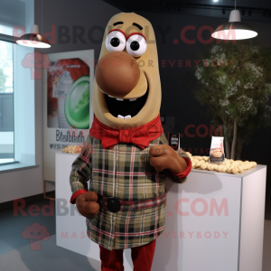 Olive Currywurst mascot costume character dressed with a Flannel Shirt and Tie pins