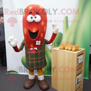 Olive Currywurst mascot costume character dressed with a Flannel Shirt and Tie pins