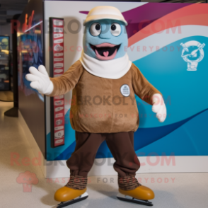 Brown Pair Of Ice Skates mascot costume character dressed with a Board Shorts and Beanies