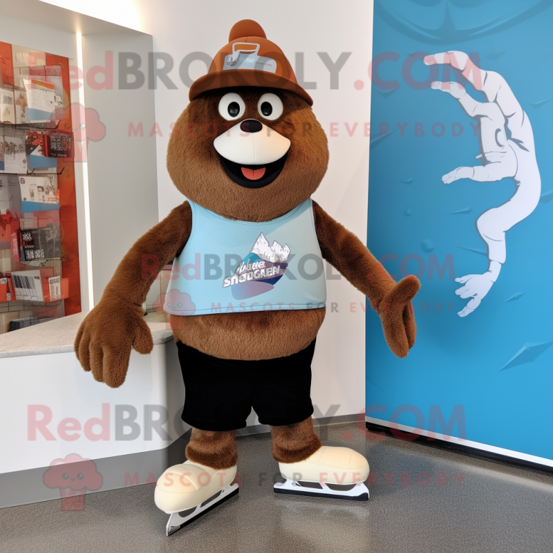 Brown Pair Of Ice Skates mascot costume character dressed with a Board Shorts and Beanies