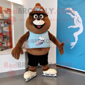Brown Pair Of Ice Skates mascot costume character dressed with a Board Shorts and Beanies