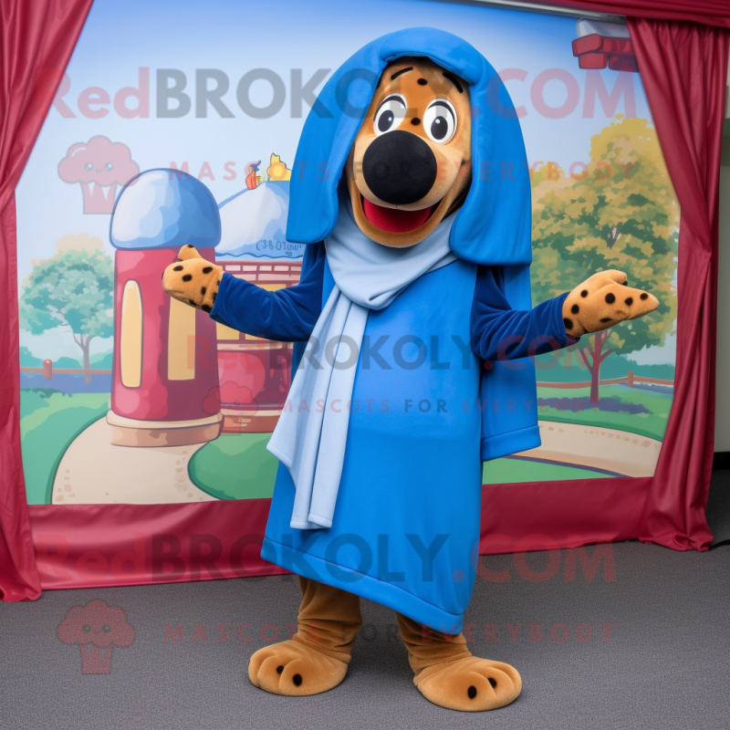 Blue Hot Dogs mascot costume character dressed with a Cargo Pants and Shawls Blue Hot Dogs mascot costume character dressed with a Cargo Pants and Shawls