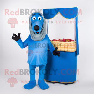 Blue Hot Dogs mascot costume character dressed with a Cargo Pants and Shawls