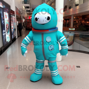 Turquoise Astronaut mascot costume character dressed with a Hoodie and Pocket squares