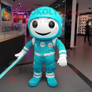 Turquoise Astronaut mascot costume character dressed with a Hoodie and Pocket squares