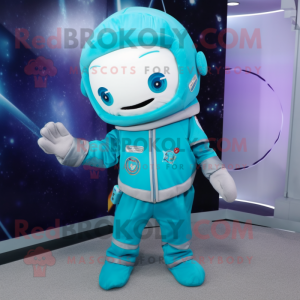 Turquoise Astronaut mascot costume character dressed with a Hoodie and Pocket squares