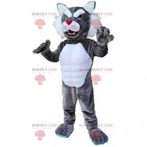 Mascotte de puma gris et blanc, costume de cougar, de fauve -