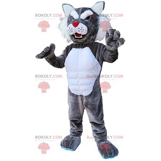 Mascote de puma cinza e branco, fantasia de puma, animal