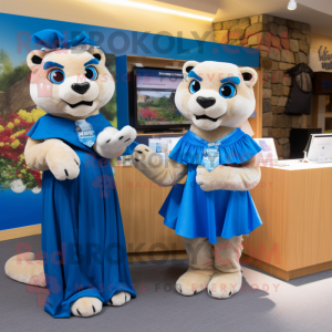 Blue Mountain Lion mascot costume character dressed with a Wrap Skirt and Ties