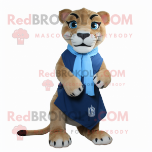 Blue Mountain Lion mascot costume character dressed with a Wrap Skirt and Ties