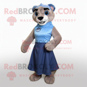 Blue Mountain Lion mascot costume character dressed with a Wrap Skirt and Ties