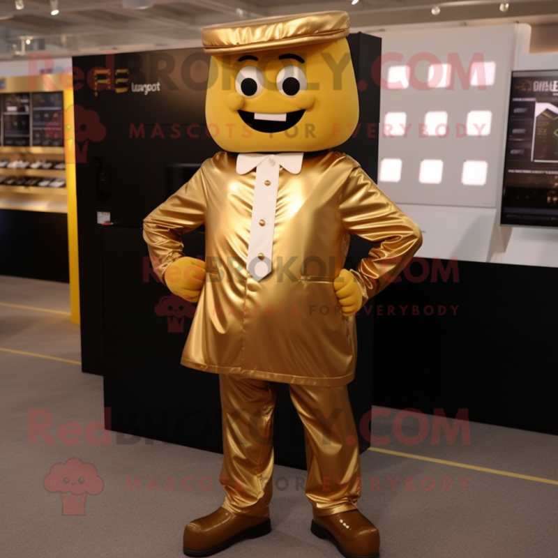 Gold Chocolate Bars mascot costume character dressed with a Poplin Shirt and Shoe laces Gold Chocolate Bars mascot costume character dressed with a Poplin Shirt and Shoe laces