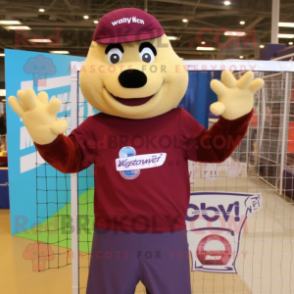 Maroon Volleyball Net mascot costume character dressed with a Button-Up Shirt and Gloves